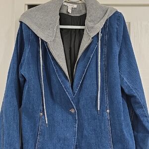 Peace Love World Blue Denim Jacket with Gray Hood